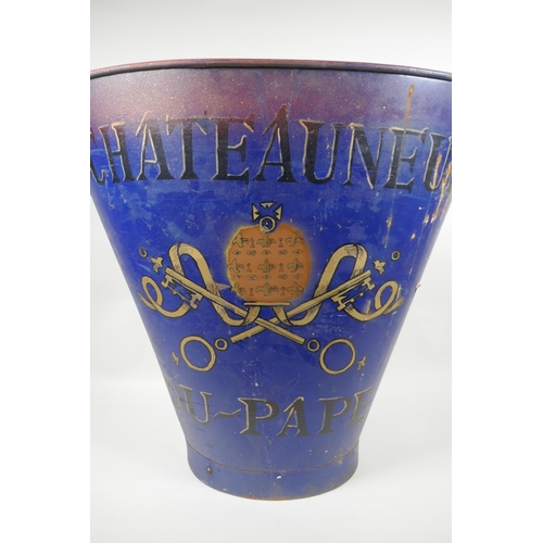 1035 - A French style blue printed metal grape picker's hopper, decorated with a Chateau Neuf du Pape desig... 