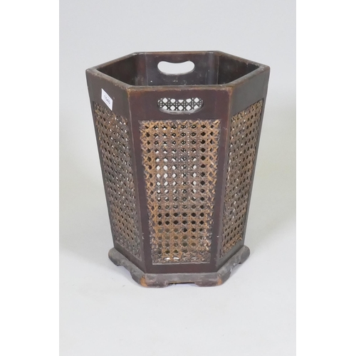 1040 - Antique wood waste paper basket with cane panels, 37cm high