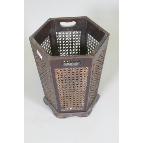 1040 - Antique wood waste paper basket with cane panels, 37cm high