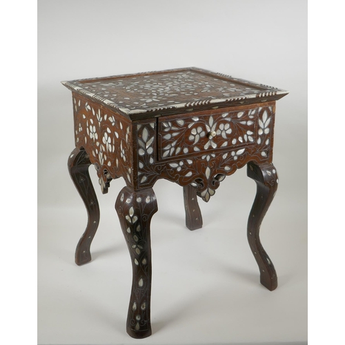 1041 - A Syrian mother of pearl, bone and metal inlaid side table with single drawer, 35 x 35cm, 45cm high