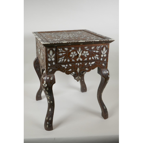 1041 - A Syrian mother of pearl, bone and metal inlaid side table with single drawer, 35 x 35cm, 45cm high