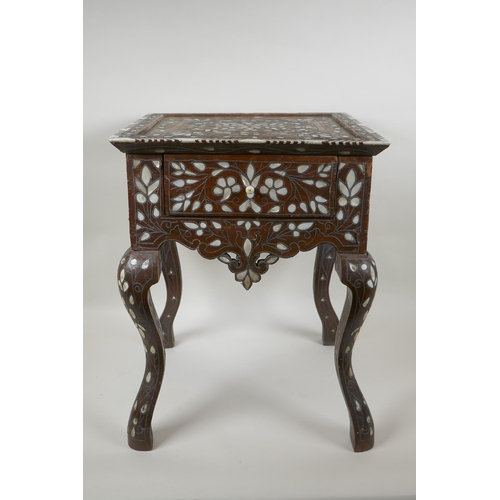 1041 - A Syrian mother of pearl, bone and metal inlaid side table with single drawer, 35 x 35cm, 45cm high