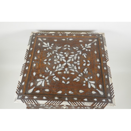 1041 - A Syrian mother of pearl, bone and metal inlaid side table with single drawer, 35 x 35cm, 45cm high