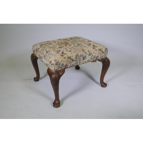 1042 - A Georgian walnut footstool on carved cabriole legs, 58 x 67cm