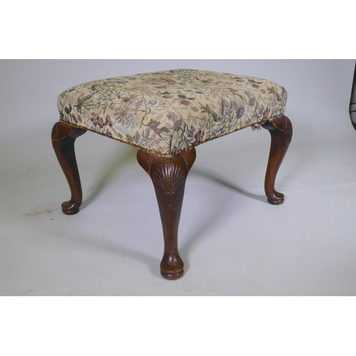 1042 - A Georgian walnut footstool on carved cabriole legs, 58 x 67cm