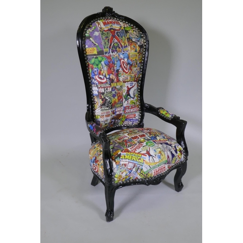 1045 - A black painted open armchair upholstered in Super Hero fabric, 100cm high, for display purposes onl... 