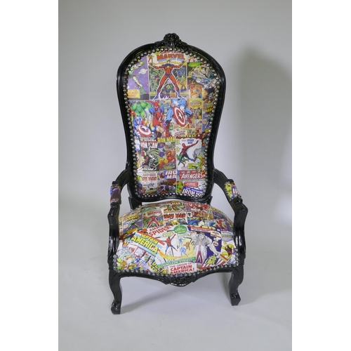 1045 - A black painted open armchair upholstered in Super Hero fabric, 100cm high, for display purposes onl... 