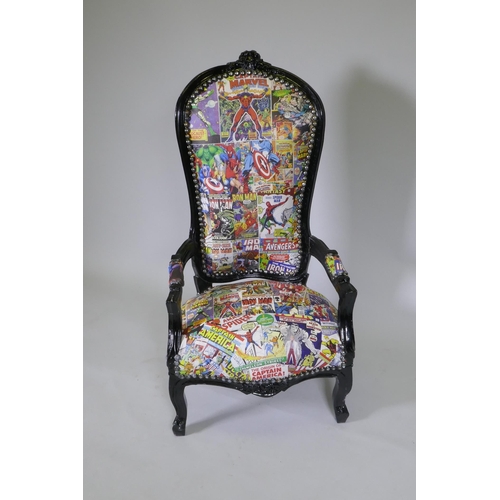 1045 - A black painted open armchair upholstered in Super Hero fabric, 100cm high, for display purposes onl... 