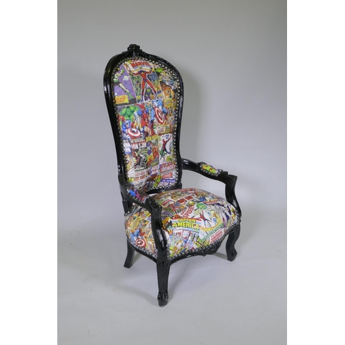 1045 - A black painted open armchair upholstered in Super Hero fabric, 100cm high, for display purposes onl... 