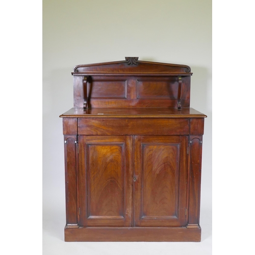 1057 - A C19th Regency style Colonial figured hardwood chiffonier, the upper shelf with scroll supports, a ... 