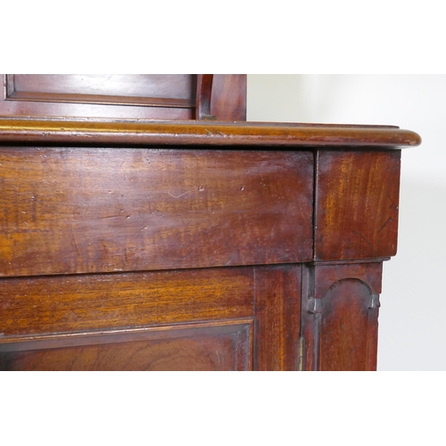 1057 - A C19th Regency style Colonial figured hardwood chiffonier, the upper shelf with scroll supports, a ... 