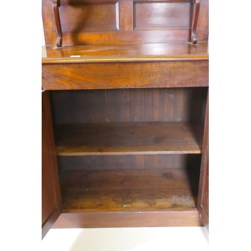 1057 - A C19th Regency style Colonial figured hardwood chiffonier, the upper shelf with scroll supports, a ... 