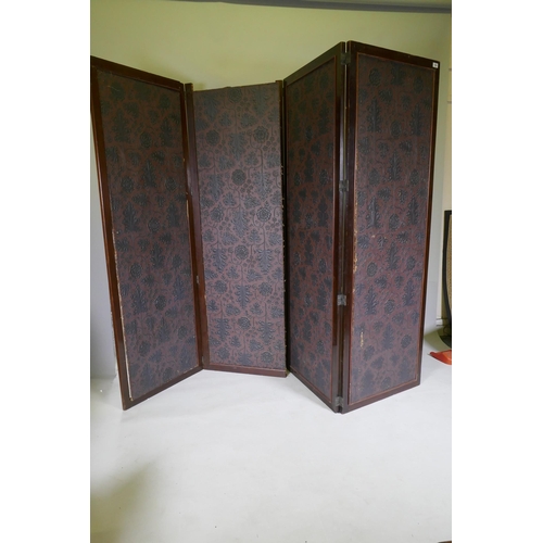 1065 - A Victorian mahogany four fold screen with faux leather and mirrored panels, AF, each fold 63 x 183c... 