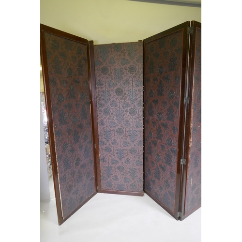 1065 - A Victorian mahogany four fold screen with faux leather and mirrored panels, AF, each fold 63 x 183c... 