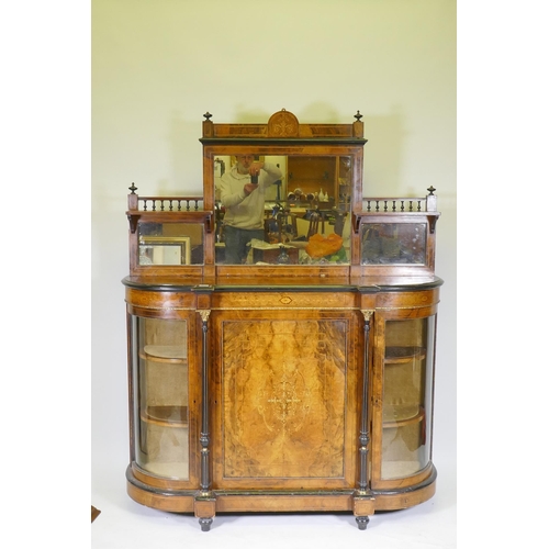 1071 - A Victorian inlaid figured walnut side cabinet, the mirrored back with galleried shelves, the base w... 