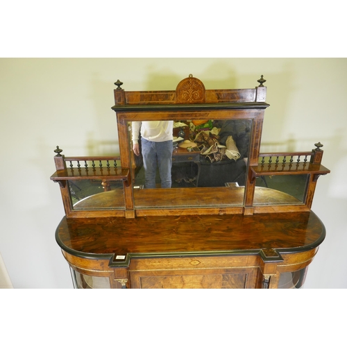 1071 - A Victorian inlaid figured walnut side cabinet, the mirrored back with galleried shelves, the base w... 