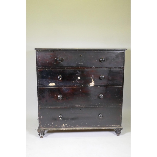 1074 - An early C19th pine chest of four long drawers, retaining original handles and paint under polish, r... 