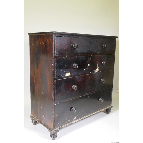 1074 - An early C19th pine chest of four long drawers, retaining original handles and paint under polish, r... 