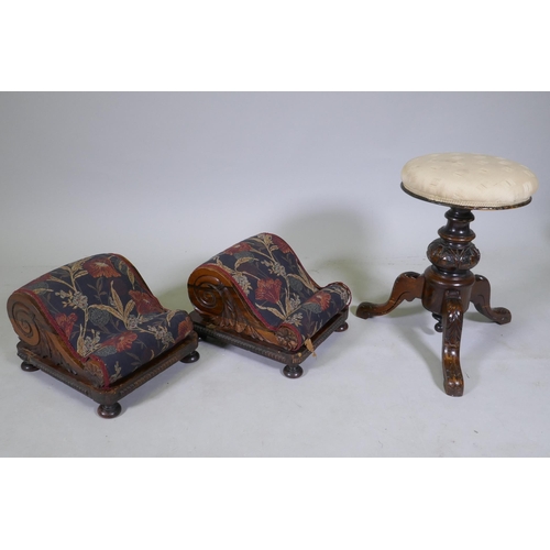 1078 - Two antique carved rosewood footstools, 30 x 34cm, and a carved mahogany piano stool