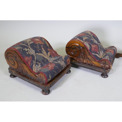 1078 - Two antique carved rosewood footstools, 30 x 34cm, and a carved mahogany piano stool