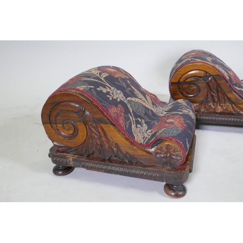 1078 - Two antique carved rosewood footstools, 30 x 34cm, and a carved mahogany piano stool