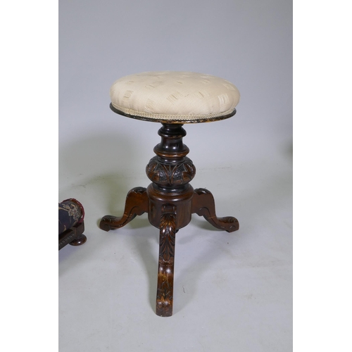 1078 - Two antique carved rosewood footstools, 30 x 34cm, and a carved mahogany piano stool