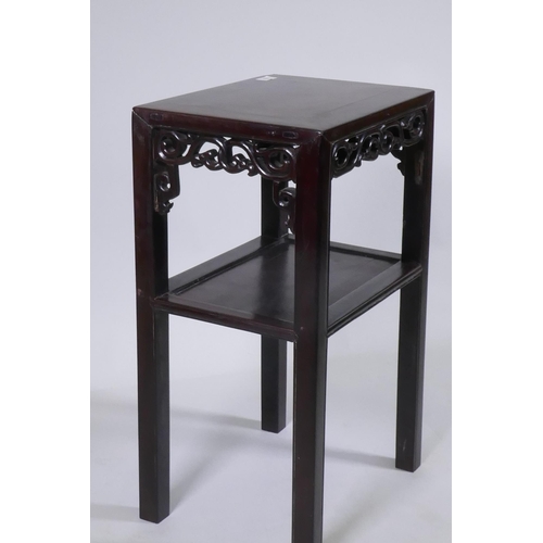 1088 - An antique Chinese hardwood two tier side table with carved and pierced frieze, 41 x 30cm, 67cm high