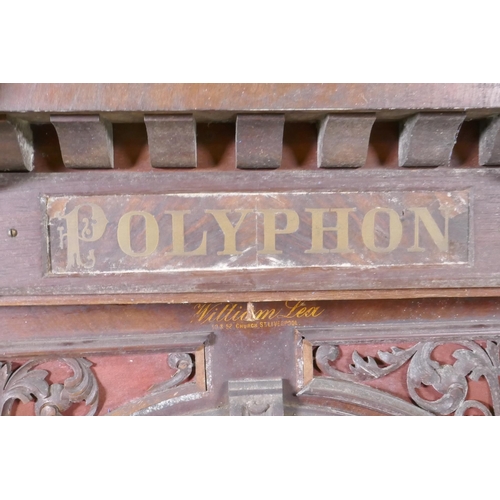 1134 - A mahogany polyphon case, marked William Lea, 50 & 52 Church Street, Liverpool, movement case AF... 