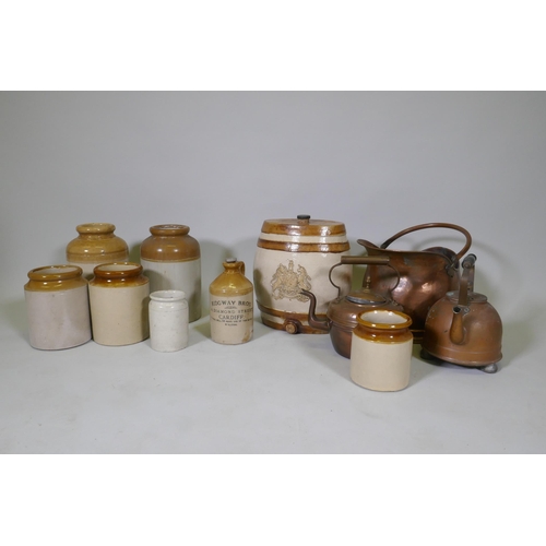 114 - A quantity of antique stoneware jars, a flask and two gallon keg with royal warrant, a coal bucket a... 