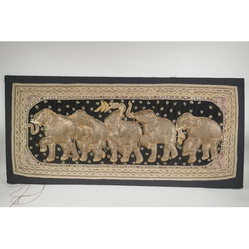 115 - A vintage Burmese Kalaga (stumpwork) elephant textile with metal sequins, crystal and glass beads, a... 