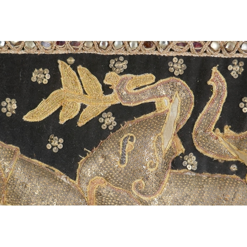 115 - A vintage Burmese Kalaga (stumpwork) elephant textile with metal sequins, crystal and glass beads, a... 