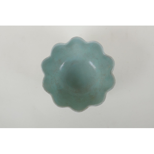 120 - A Chinese Ru ware style petal shaped bowl, 16cm diameter