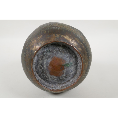 124 - An antique Islamic patinated copper hookah base, 32cm high