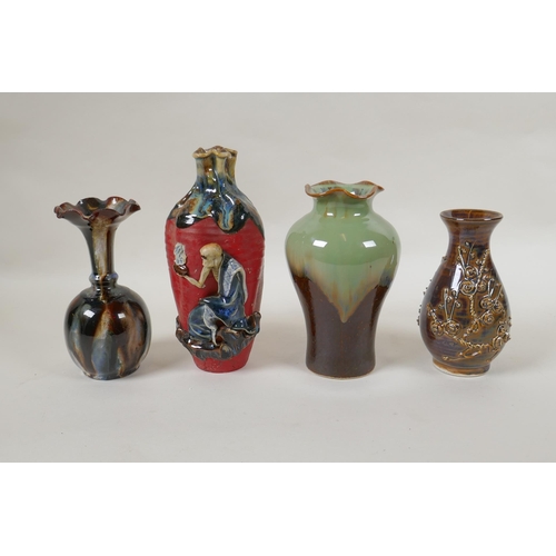 128 - A collection of four oriental porcelain vases exhibiting unusual glazing techniques, largest 19cm hi... 