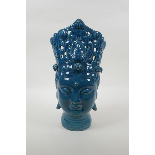 140 - A Chinese teal crackle glazed ceramic head bust of Guan Yin, 37cm high