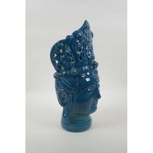 140 - A Chinese teal crackle glazed ceramic head bust of Guan Yin, 37cm high