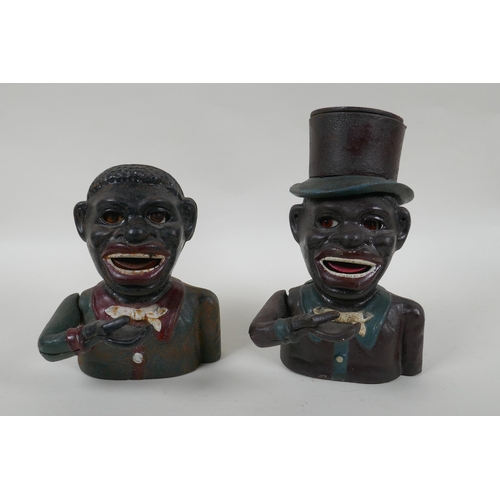 141 - A vintage American painted cast iron mechanical figural money box and another similar, largest 20cm ... 