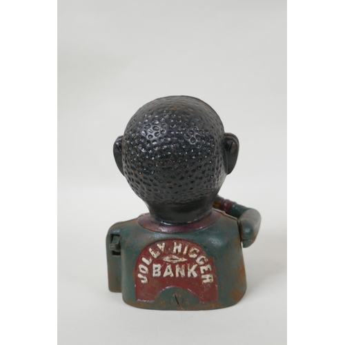 141 - A vintage American painted cast iron mechanical figural money box and another similar, largest 20cm ... 