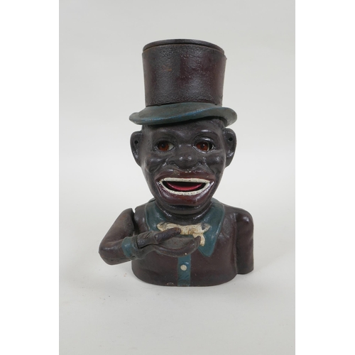 141 - A vintage American painted cast iron mechanical figural money box and another similar, largest 20cm ... 