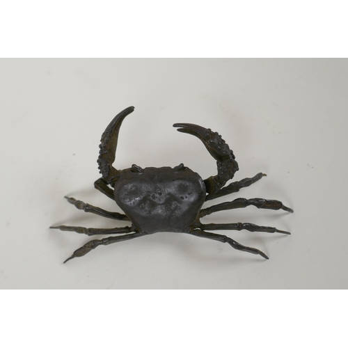 148 - A Japanese style bronze okimono crab, impressed mark to base, 13cm wide