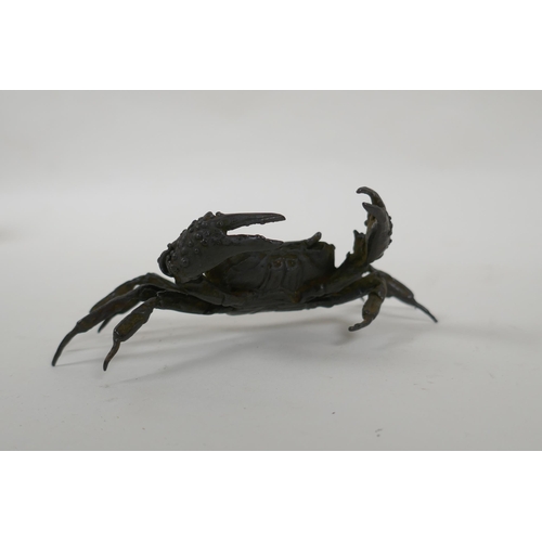 148 - A Japanese style bronze okimono crab, impressed mark to base, 13cm wide