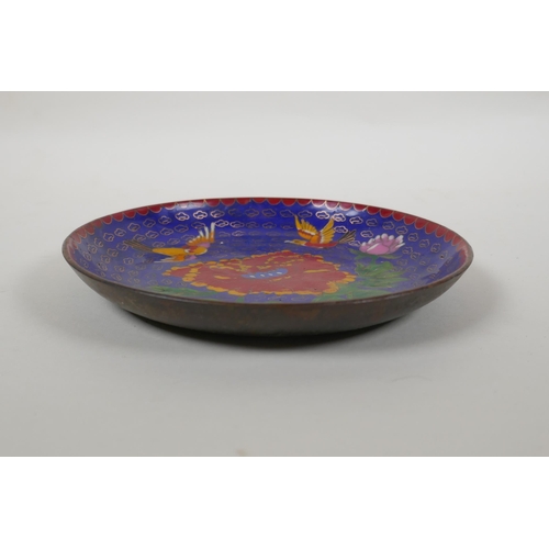 150 - A Chinese cloisonne dish decorated with birds and flowers on a blue ground, auspicious symbol and ba... 