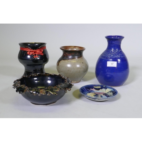 17 - A studio pottery bowl with oak leaf border and three vases, signed Pam Williams, and a ceramic dish,... 