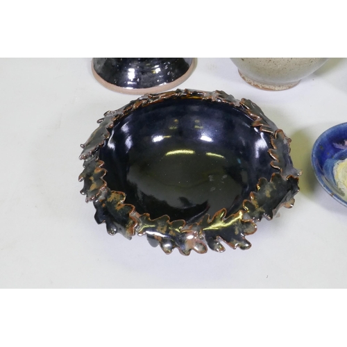 17 - A studio pottery bowl with oak leaf border and three vases, signed Pam Williams, and a ceramic dish,... 