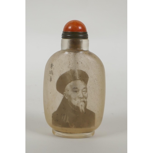 173 - A Chinese reverse decorated glass snuff bottle decorated with a bearded noble, character inscription... 