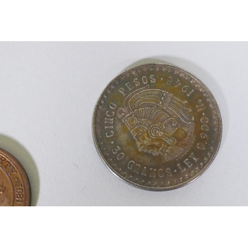 174 - A Mexican silver five pesos coin, 1948, in fine condition, two 1964 American 'Kennedy' half dollars,... 