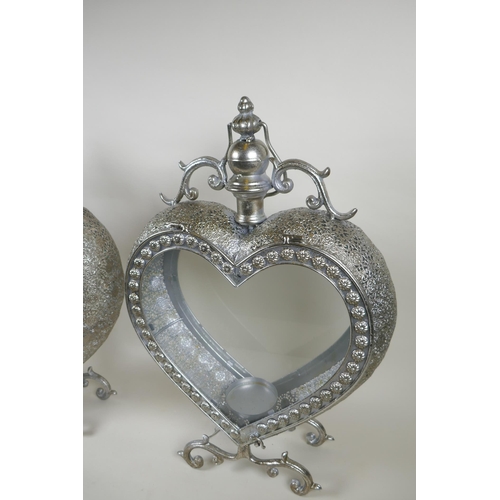 176 - A pair of silvered metal heart shaped lanterns, 51cm high