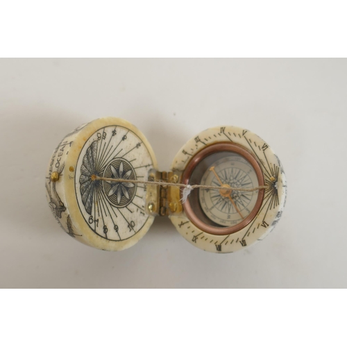 177 - A nautical style carved bone compass and sundial in the form of a globe, 4cm diameter