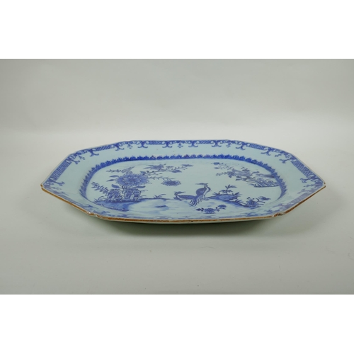 18 - A C19th Chinese blue and white porcelain export ware serving plate, decorated with asiatic birds and... 