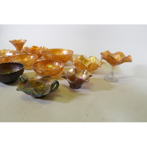 182 - Twelve pieces of vintage carnival glass, various shapes and sizes, largest 24cm diameter